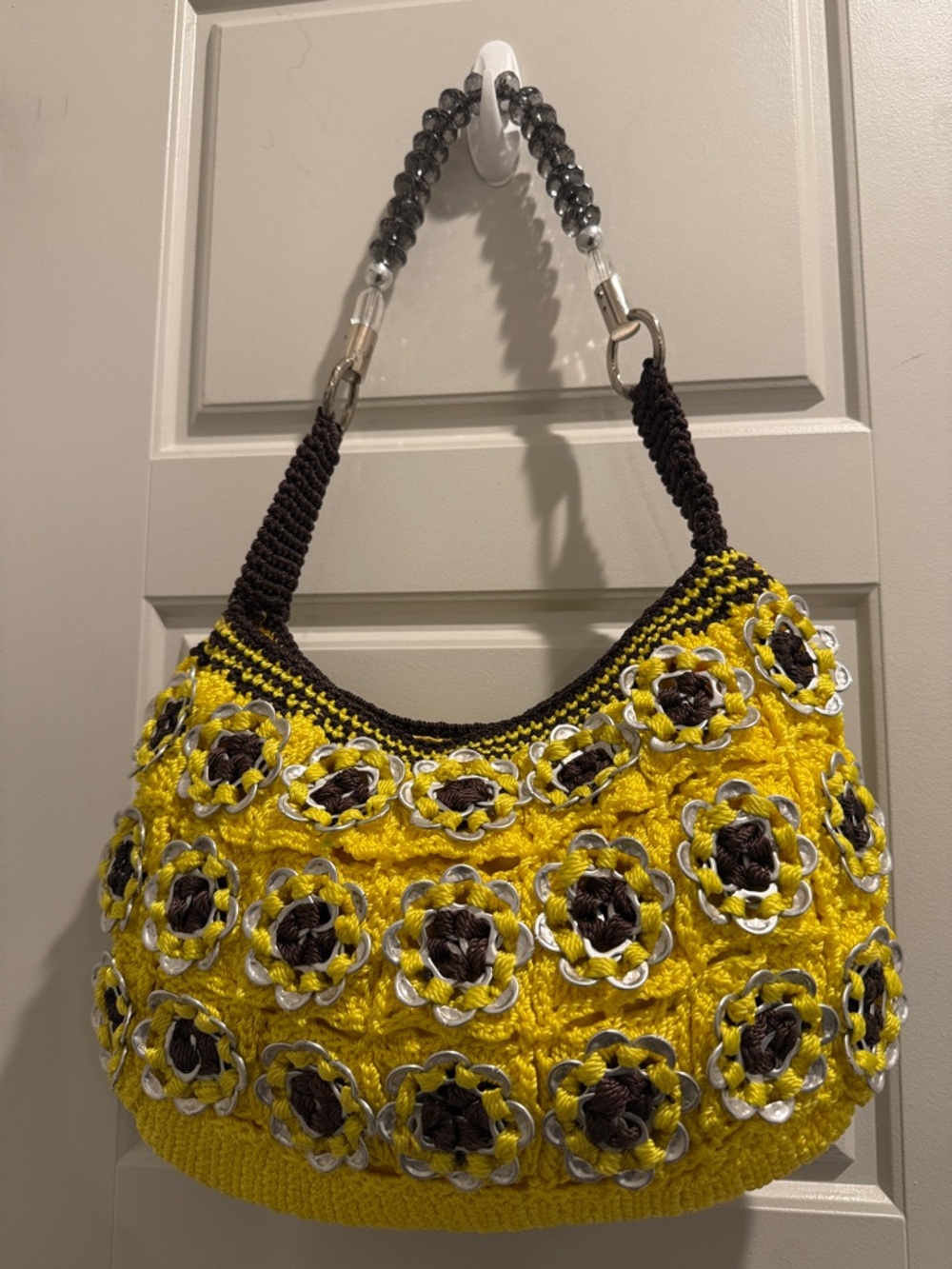 Yellow Crochet Floral Shoulder Bag with Brown Accents